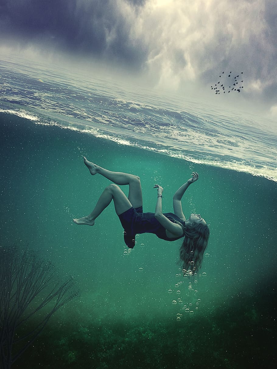 manipulação, sob a água, mulher, oceano, céu, mar, agua, embaixo da agua, natação, natureza