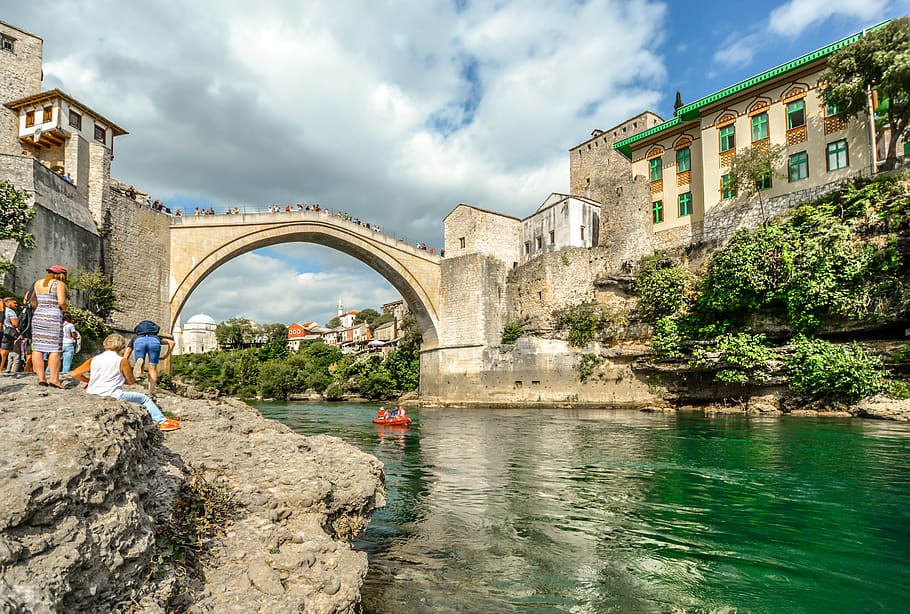 architecture, travel, water, old, city, mostar, bosnia, river, stream, banks