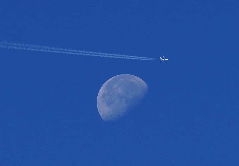 moon, nature, space, high, height, airplane, plane, air vehicle, sky, blue