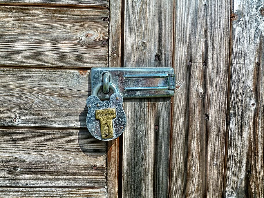 garden, shed, lock, wooden, metallic, locked, door, wood - material, entrance, safety
