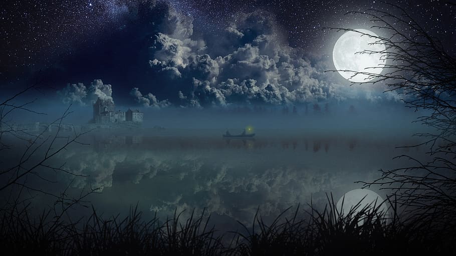 landscape, fishermen, night, lake, moon, castle, water, fishing, sky, reflection