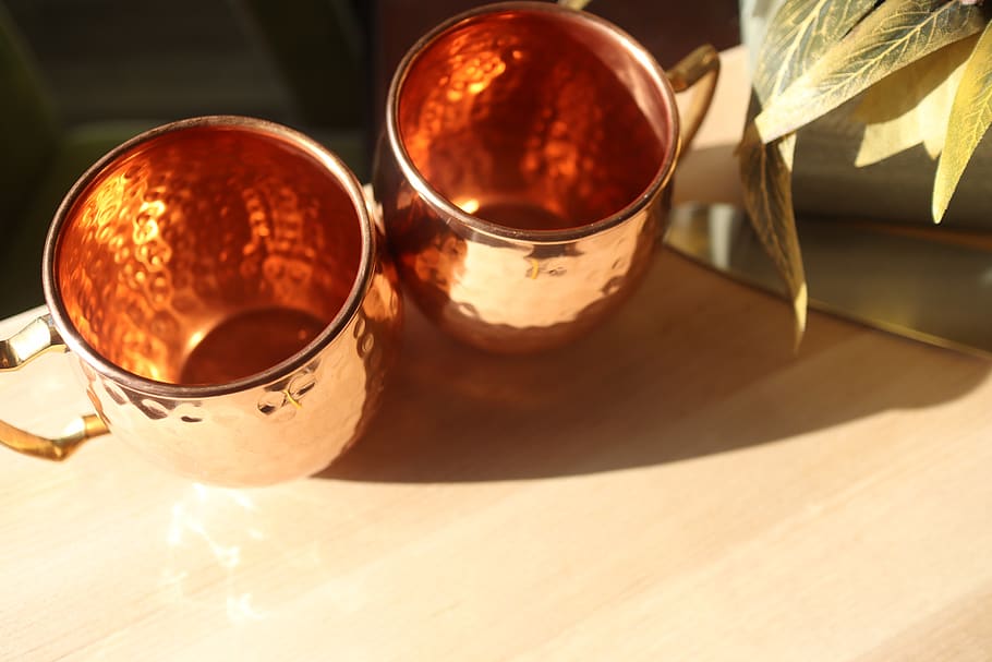 copper, mug, moscow, mule, vodka, mugs, cocktail, food and drink, table, indoors