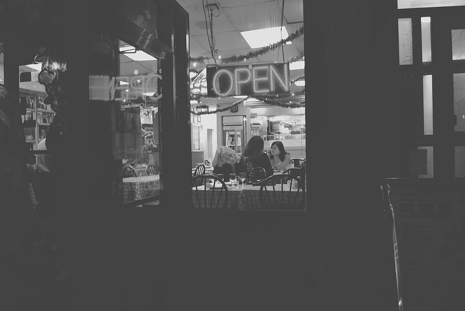 city, cafe, shop, coffee, woman, customers, open, neon, sign, black and white