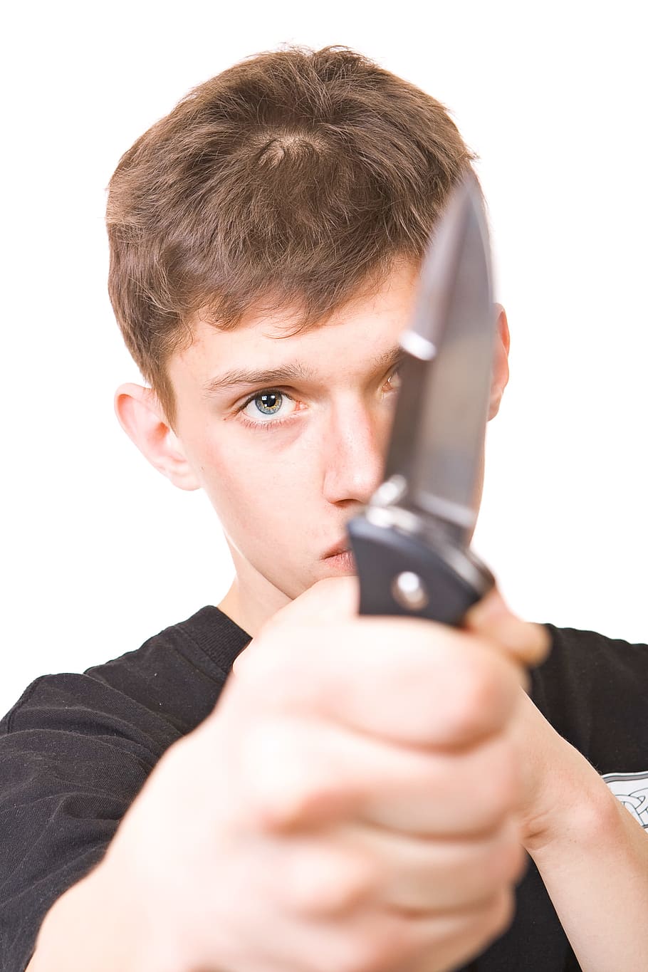 man, white, knife, background, isolated, young, adult, face, male, looking