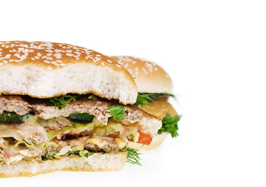 hamburger, dimakan, makanan, cepat, s, makan, makan malam, sandwich, closeup, terisolasi