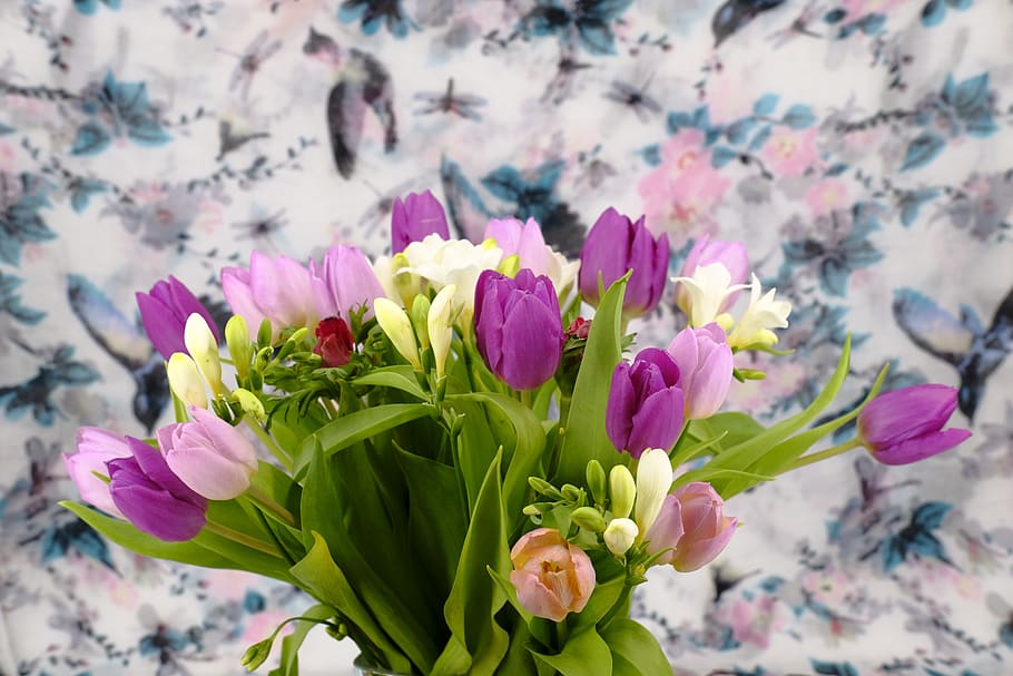 bouquet, flowers, tulips, sia, iris, vase, flower vase, vessel, glass, bloom