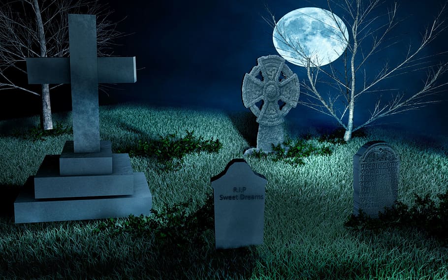 tombstones, cemetery, grave, gravestone, old, trees, halloween, calm, moon, horror