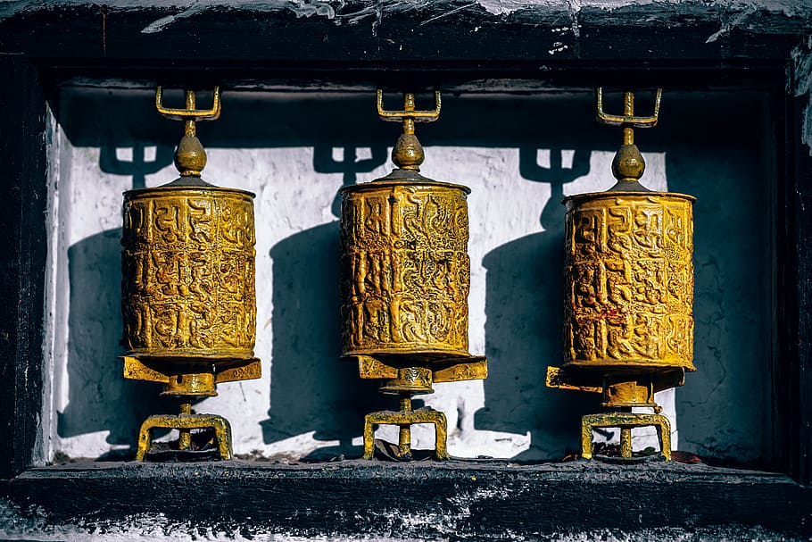 tibetan prayer wheels, metal, wall - building feature, hanging, old, day, gold colored, architecture, built structure, outdoors