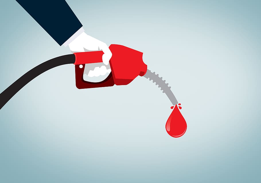 hand, holding, red, nozzle, pumping, gas, -, fossil, fuel, oil