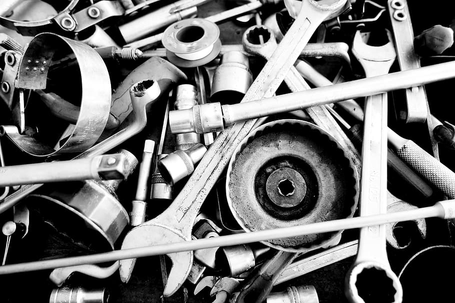 monocromo, herramientas, plata, acero inoxidable, metálico, acero, metal, brillante, llave inglesa, tuercas