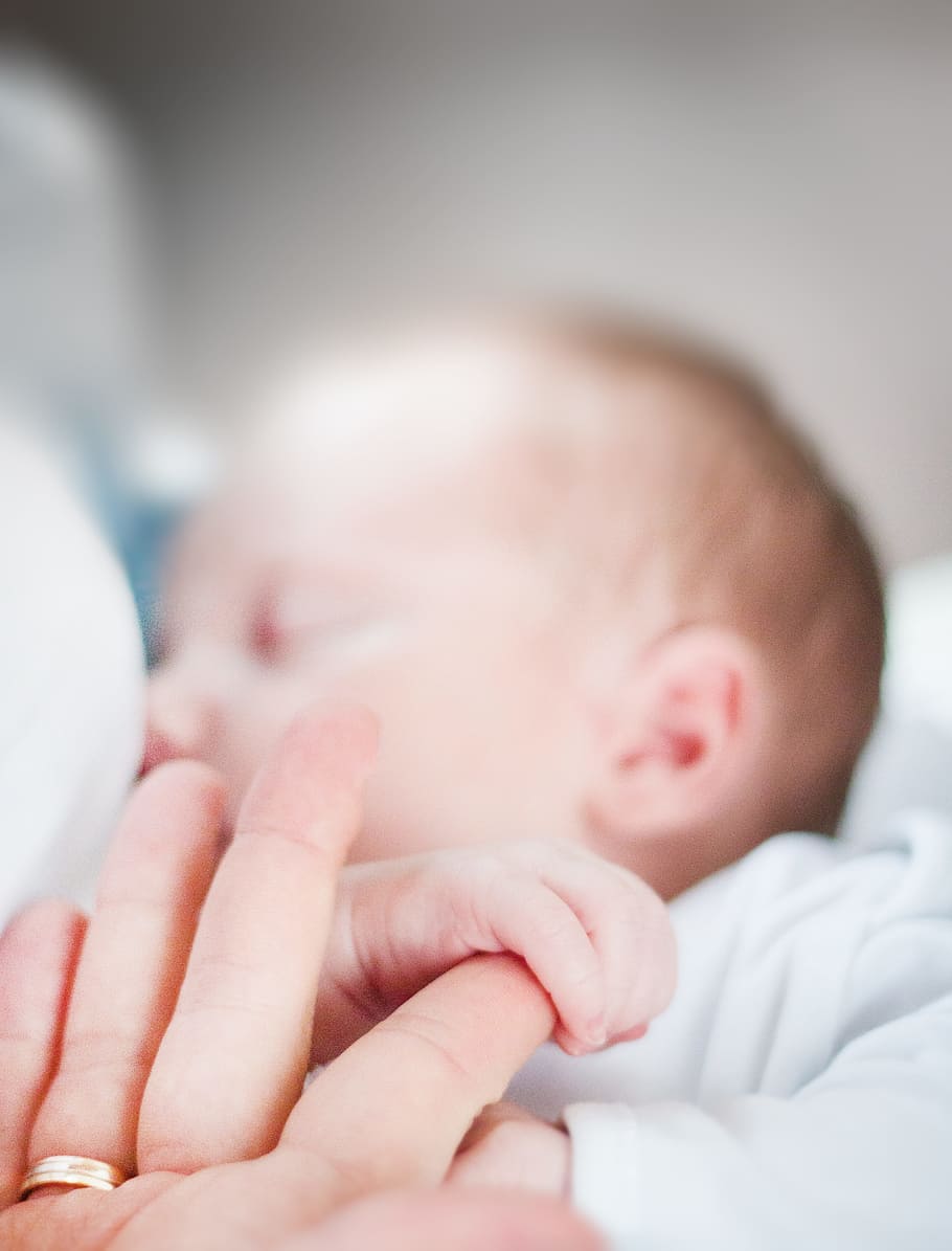 baby, holding, finger, young, small, child, people, mother, ring, sleep