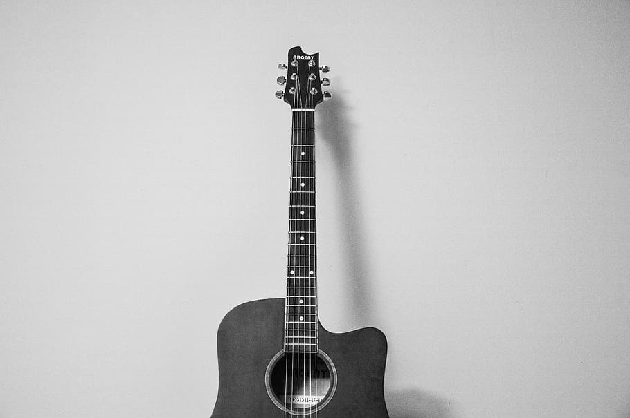guitar, music, instrument, isolated, black and white, sound, musician, acoustic, play, band
