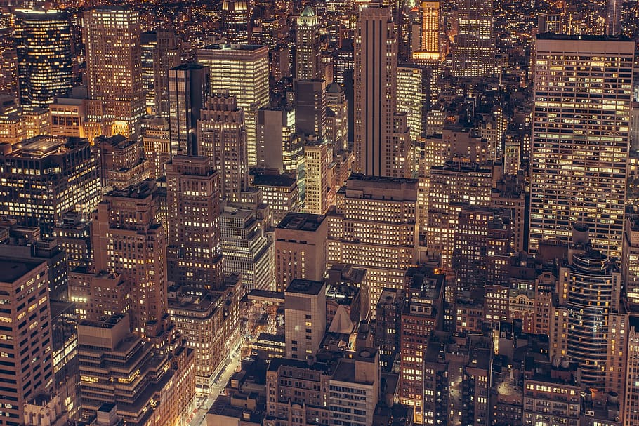 new york, city, skyline, nyc, buildings, architecture, night, dark, lights, aerial