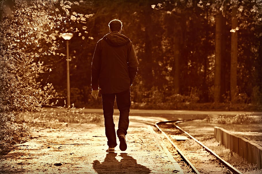 manusia, berjalan, kereta api, taman, satu, soliter, kesepian, sendirian, orang, laki-laki