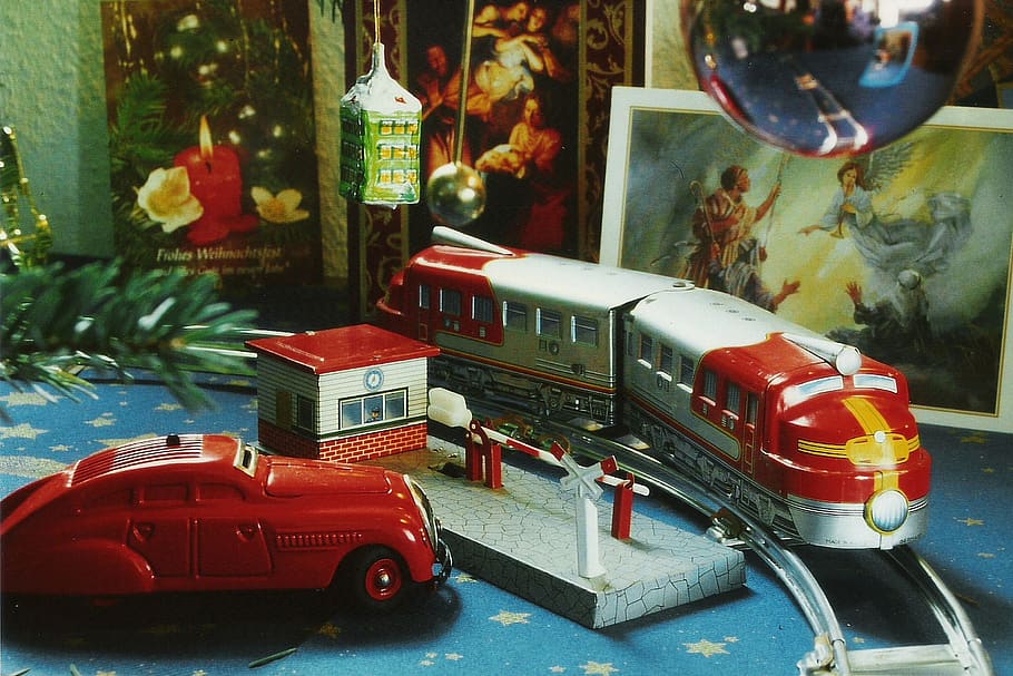Natal, retro, mainan, kereta api, lembaran, model tahun, nostalgia, mobil, mainan timah, secara historis