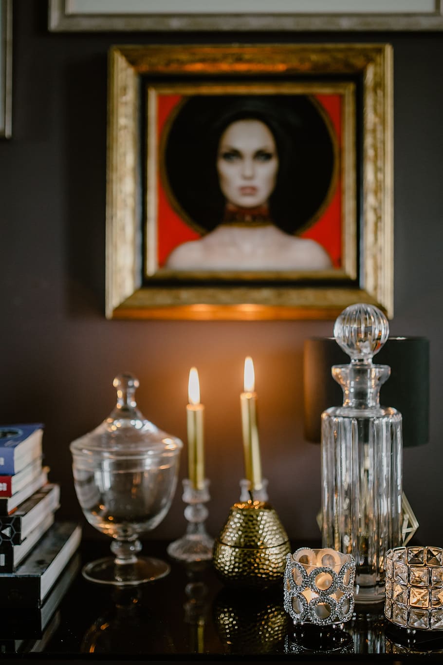 decanter, candles, painting, wall, interior, home, magazines, essentials, books, decor