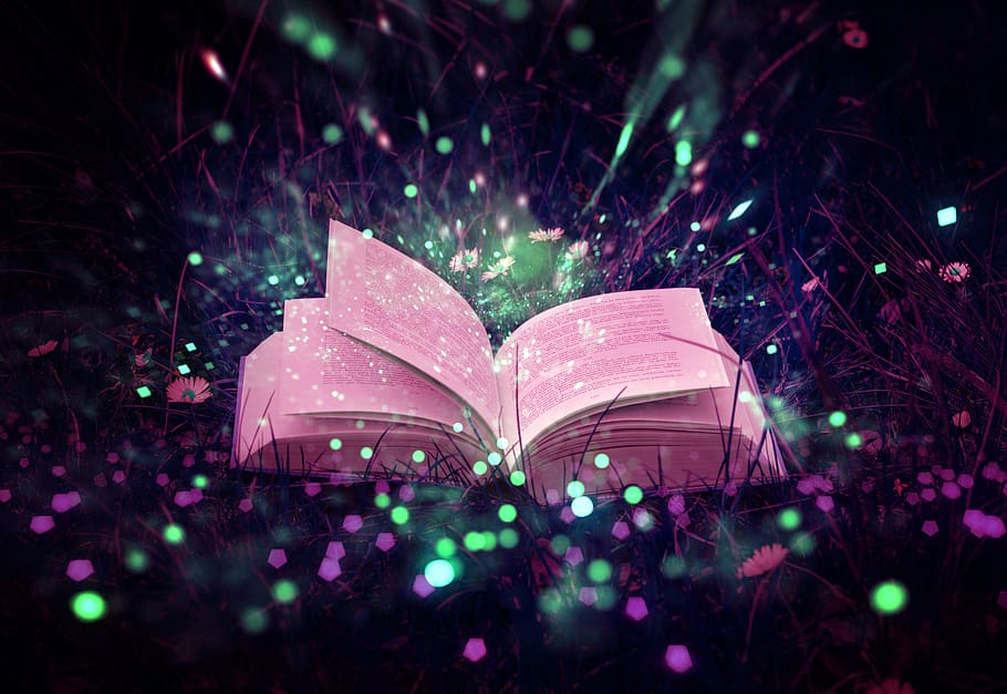 buku, sihir, cerita, dongeng, biaya, fantasi, mistis, alam, cahaya, hutan