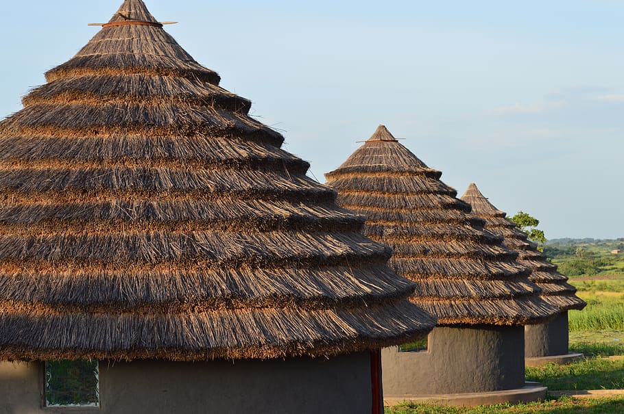 grassroots cottages and tours, purongo, northern uganda, grass thatched huts, murchison falls national park, architecture, roof, built structure, day, sky