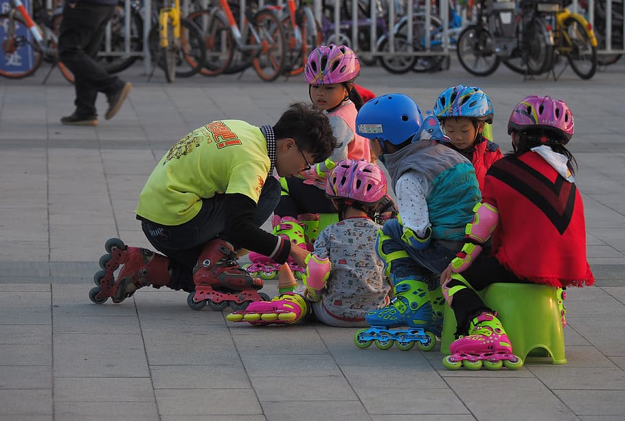 Xiamen, Cina, anak-anak, sepatu roda, inline skating, bermain, Asia, taman, anak, masa kecil
