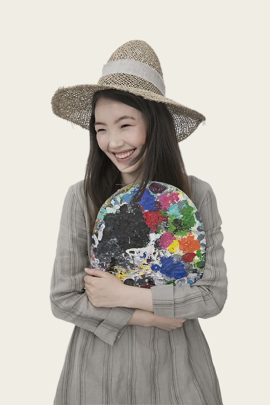 happy, smile, woman, paint, palette, asian, girl, people, art, smiling