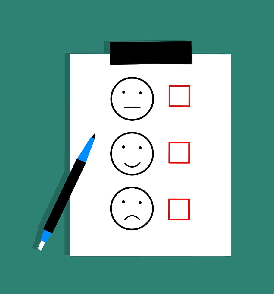 Ilustración de satisfacción de encuesta de retroalimentación, retroalimentación, encuesta, cuestionario, empleado, satisfacción, cliente, cara, feliz, psicología