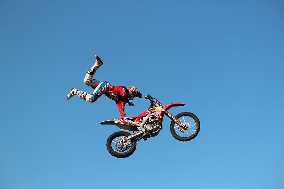 motorcycle, jump, sport, stunt, skill, extreme sports, motion, jumping, mid-air, transportation