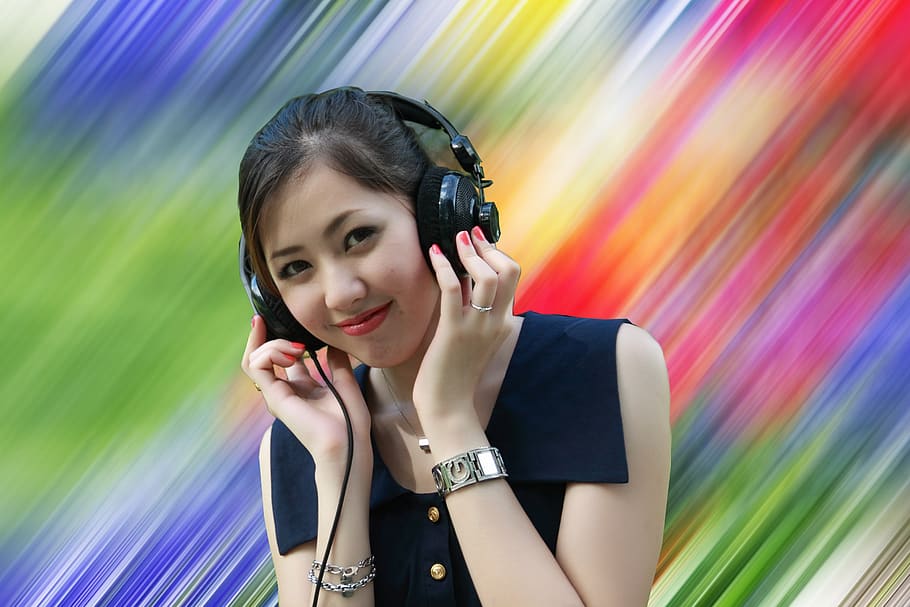 girl, woman, smile, headphone, young, asian, happy, face, model, technology