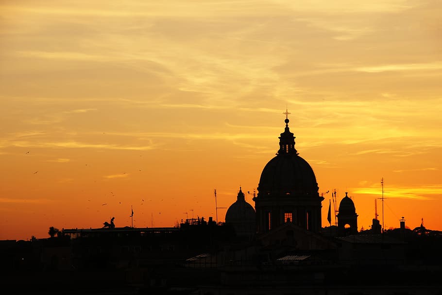 Puesta de sol en Roma, ciudad y urbano, Italia, Roma, puesta de sol, cielo, estructura construida, arquitectura, exterior del edificio, color naranja