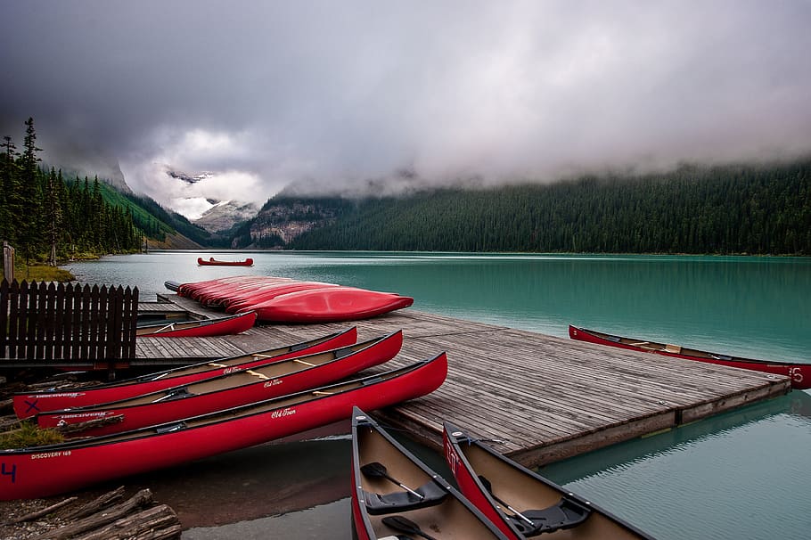 banff, lake louise, lake, canoe, landscape, water, nautical vessel, cloud - sky, sky, mountain