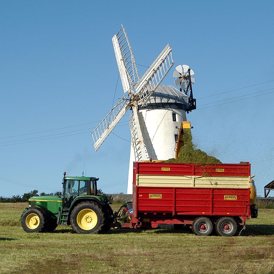 field, windmill, tractor, tractors, windmills, harvest, silage, agriculture, farming, grass
