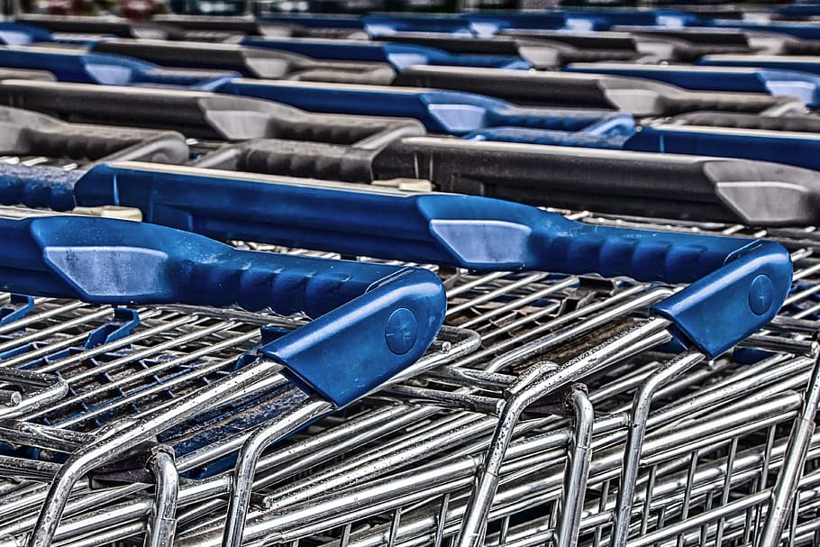 shopping cart, zinc plated, zinc, plastic, blue, shopping, supermarket, purchasing, trolley, handle