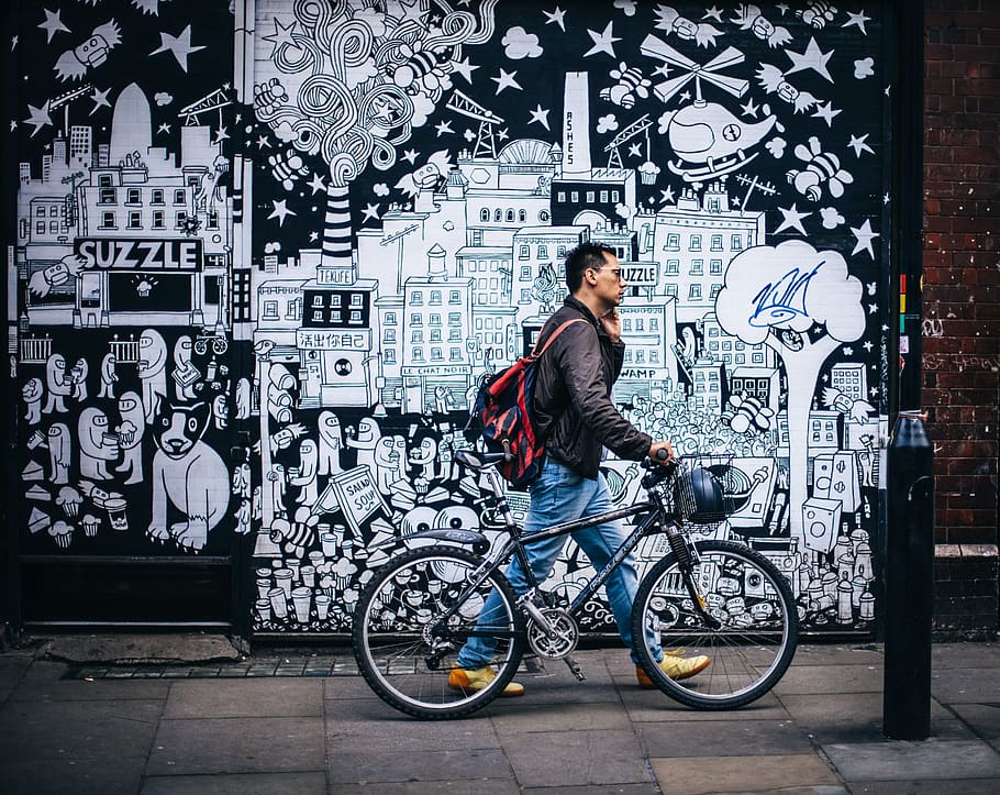 arte, graffiti, personas, hombre, bicicleta, caminar, peatones, calle, dibujo, garabato