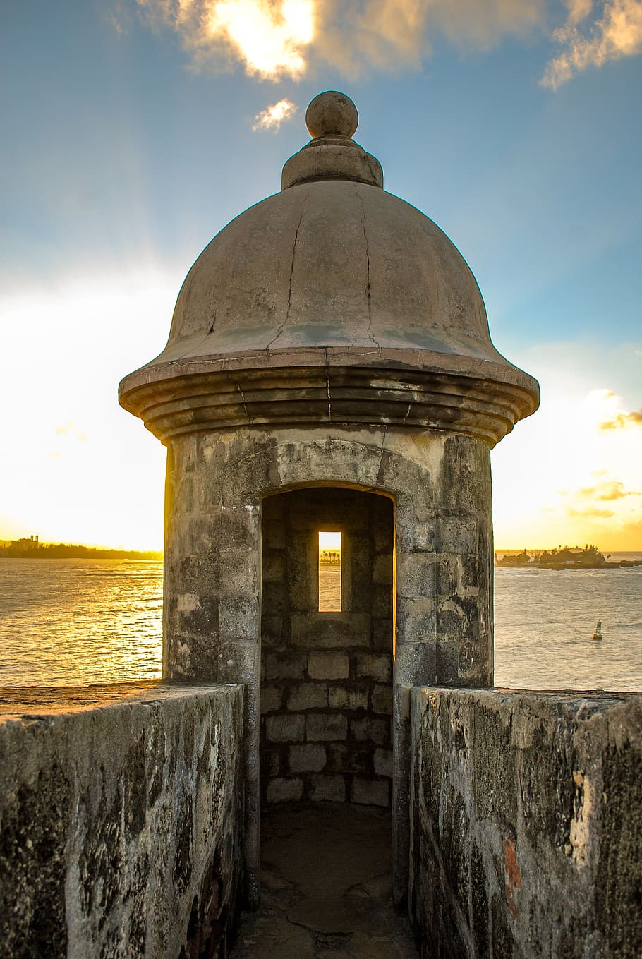 puerto rico, castle, lookout, watch, ocean, sunset, sun burst, historic, architecture, tower