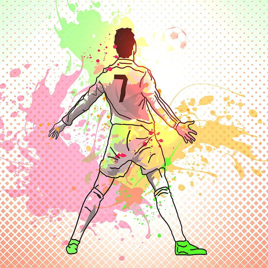 jugador de fútbol, ​​jugador de fútbol, ​​delantero, acción, arte, artístico, atlético, ataque, pelota, hermosa
