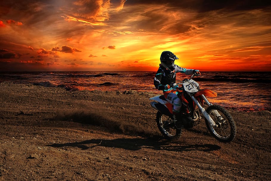 motocross, sunset, dusk, sport, dirt bike, ktm, rider, ocean, action, bike