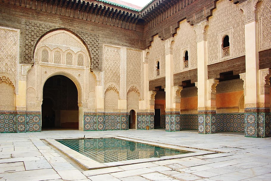 marrakech, patio, decoration, basin, mosaic, art, decor, architecture, style, history