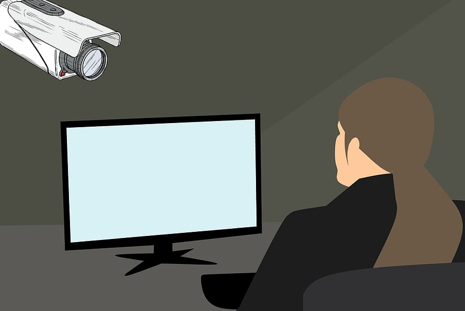 Persona, sentado, frente, cerrado, circuito de instalación de televisión, cámara., ilustración., CCTV, cámara de seguridad, cámara de video