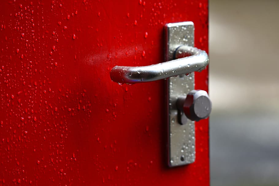 door handle, doorknob, lock, door, doorway, open, rain drops, rain, water drops, red