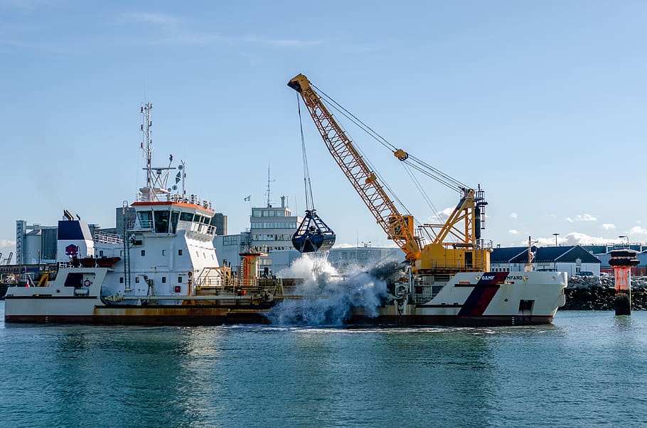 boat, crane, water, ship, dredge, port, sky, crane - construction machinery, machinery, industry
