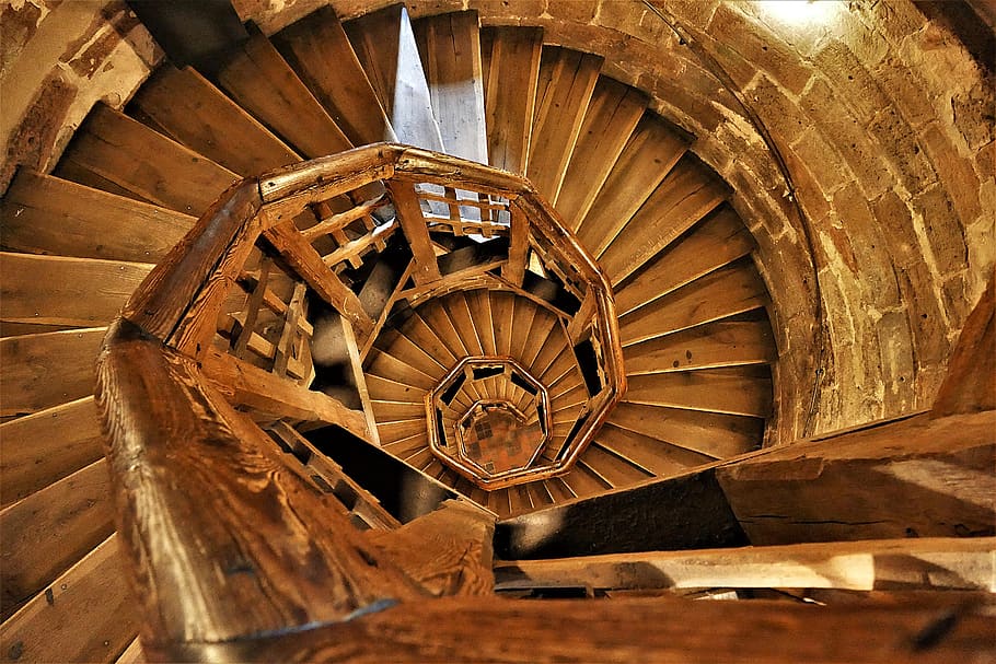 spiral staircase, wood, emergence, building, tower, stairs, spiral, railing, rise, indoors