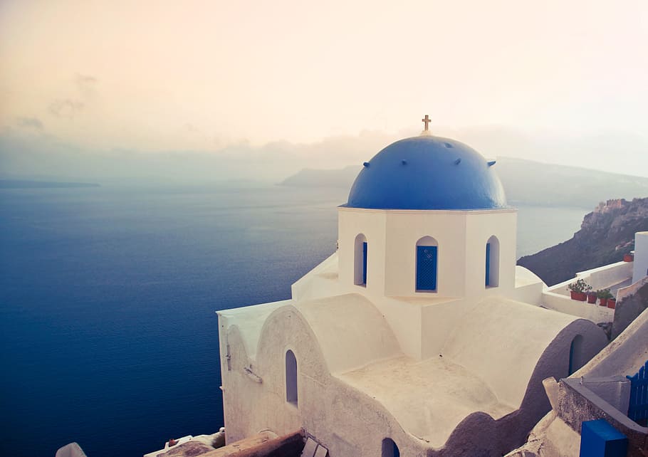Azul, cúpula de la iglesia, Firostefani, Fira, la isla de Thira, Santorini, Grecia, arquitectónica, hermosa, iglesia de la cúpula azul