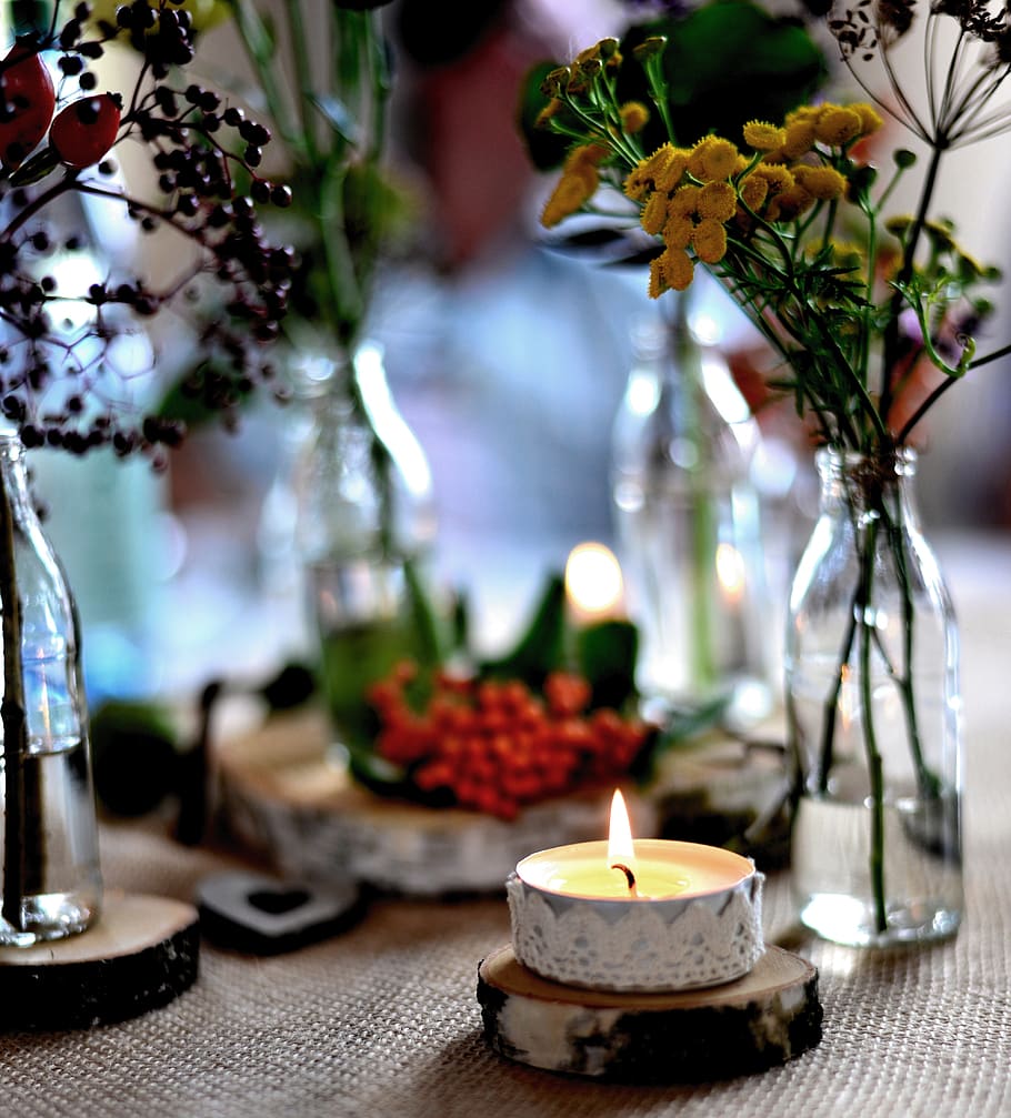 autumn decoration, autumn, table decoration, tealight, flower vases, flowers, autumn motives, light, candlelight, tree grates