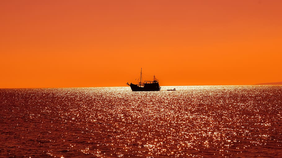 barco, puesta de sol, horizonte, mar, silueta, brillante, luz solar, naranja, naturaleza, anochecer