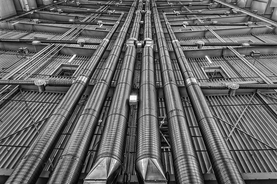 pipes, lines, ventilation, heating, metal, energy, industry, heat, air conditioning, black white