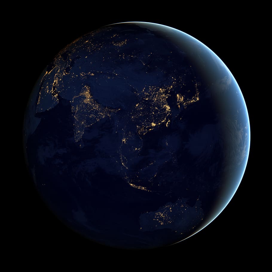 ásia, espaço, terra, escuro, aéreo, globo - objeto feito pelo homem, planeta terra, planeta - espaço, noite, vista de satélite