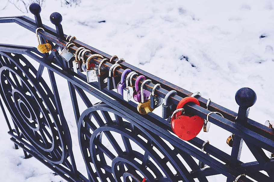 padlocks, locked, railing, snow, winter, cold temperature, metal, nature, day, hanging