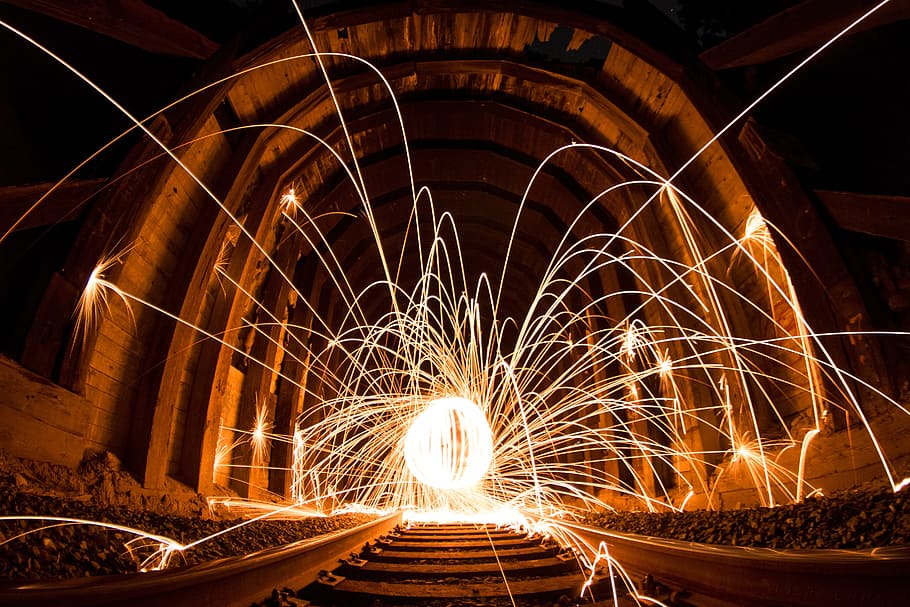architecture, building, infrastructure, railway, track, sparkling, lights, night, motion, long exposure