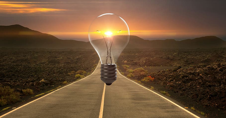 sun, rises, long, highway, bringing, new, ideasrnrn, lightbulb, idea, innovation