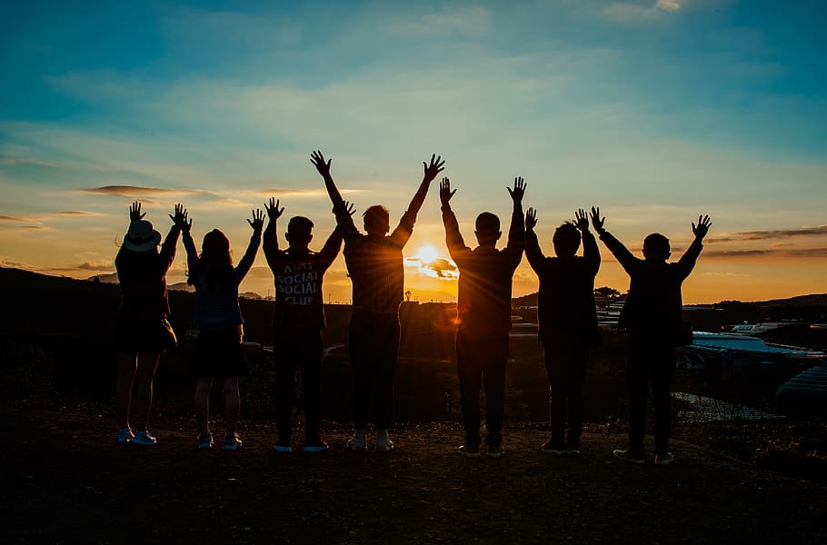 friends, sunrise, young, happy, friendship, sunset, together, sky, man, girl