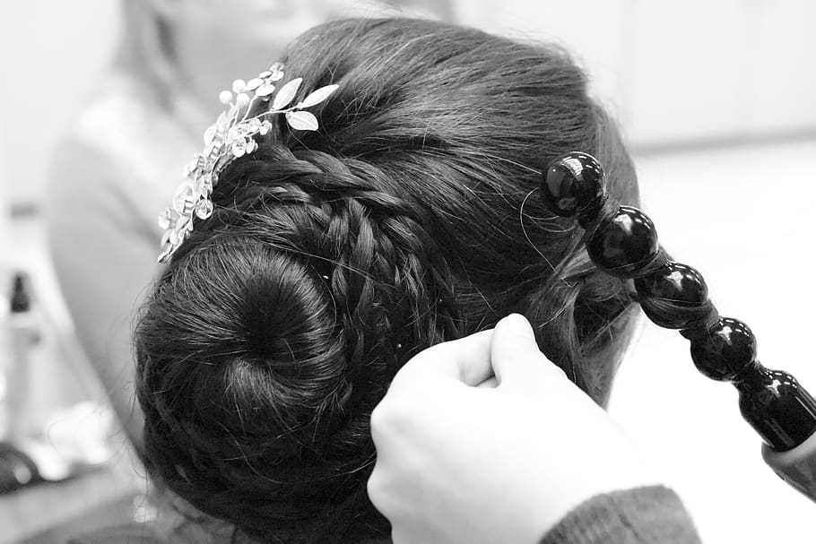 hairdo, curling, hairstyle, styling, curlers, updo, wedding, hairdresser, woman, black and white